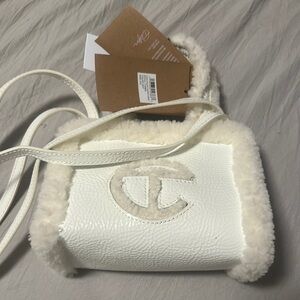 TELEFAR x UGG White Crossbody Bag with Shearling Trim and Embossed Logo